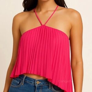 Luxxel Pink Asymmetrical Pleated Crop Halter Top Size M NWOT